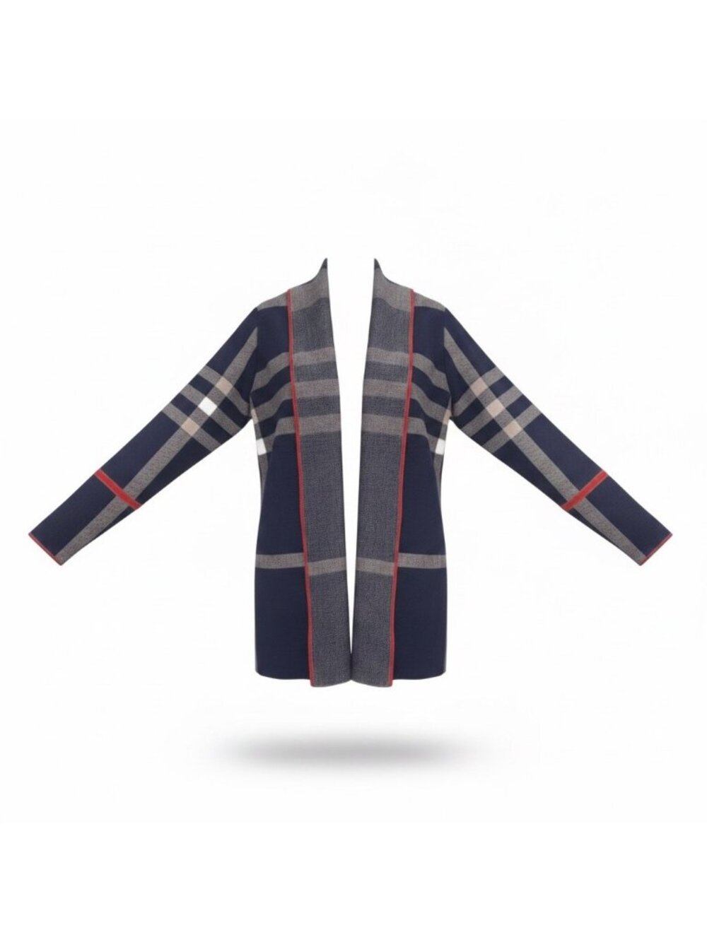 Alison Sheri Womens Navy & Gray Plaid Open Front Cardigan Jacket Red Trim Sz XS